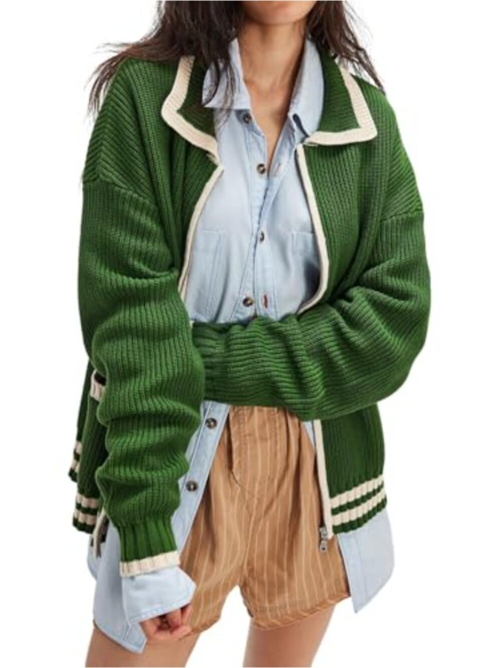 CHARTOU Women's Oversized Zip Up Cardigan Sweater Contrast Trim Knit